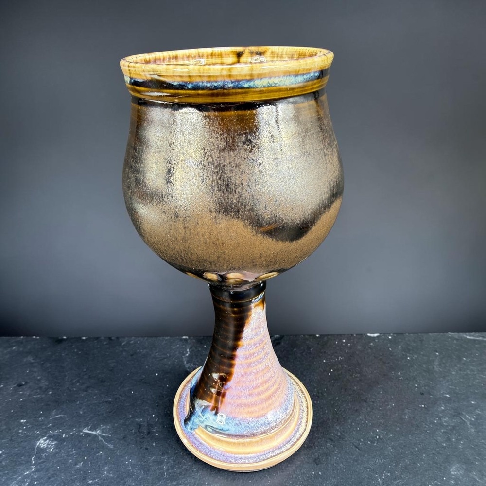 Signed Studio Pottery Heavy Drip Glaze Chalice Goblet Bronze Brown Cup 7.5in